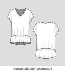 Womens V Neck Ruffles Dip Hem T shirt Top Blouse Fashion Flat Sketch Cad Technical Drawing Template Design Vector