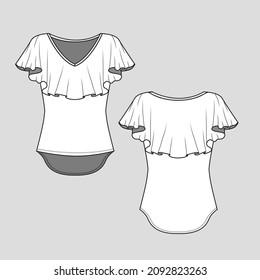 Womens V Neck Ruffles Sleeve dip hem Fashion Top t shirt blouse Mock up cad  Flat Sketch technical drawing template design vector