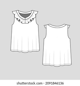 Womens v neck Ruffles Sleeveless top t shirt blouse fashion flat sketch technical drawing template design vector
