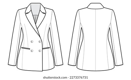 Modelo de dibujo técnico plano de la moda de los vectores de las mujeres. moda técnica de la chaqueta de negocios Ilustración, vista frontal y trasera, blanco, simulación de CAD.