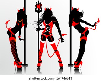 Women's vector silhouettes in devil's erotic suits