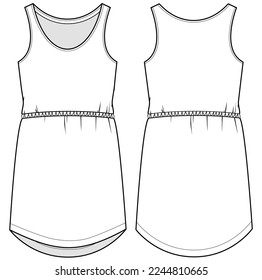 womens vest dress sleeveless high waist short tank dress flat sketch vector illustration front and back view summer dress technical cad drawing template