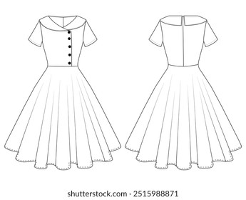 Women's Vintage Style Dress shirt with Collar Short Sleeve Fashion Technical Flat Illustration Vector