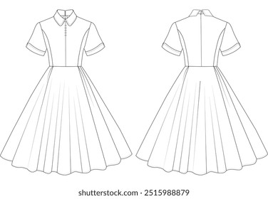 Women's Vintage Style Dress shirt with Collar Short Sleeve Fashion Technical Flat Illustration Vector