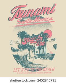 Camiseta gráfica vintage de Vector de playa de verano para mujer, tipografía retro tropical, estampado de texto de eslogan, un tsunami en la playa de Santa Mónica, tabla de surf con vibra de surf big waves, camiseta de sunshine beach resort,