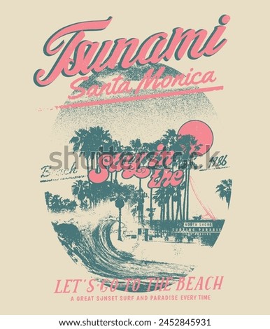 women's vintage summer beach vector graphic tee, tropical retro typography slogan text print, a tsunami in Santa Monica beach, surfboard with surfing vibe big waves, sunshine beach resort t-shirt,