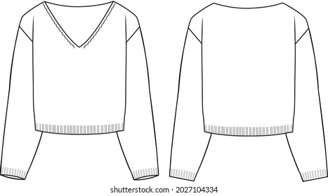 Women's V-Neck Basic Sweater. Sweater technical fashion illustration. Flat apparel sweater template front and back, white colour. Women's CAD mock-up.