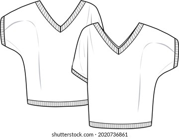 Women's V-Neck Batwing Sweater. Sweater technical fashion illustration. Flat apparel sweater template front and back, white colour. Women's CAD mock-up.