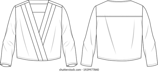 Women's V-Neck Blouse. Woven top technical fashion illustration. Flat apparel blouse template front and back, white color. Women's CAD mock-up.