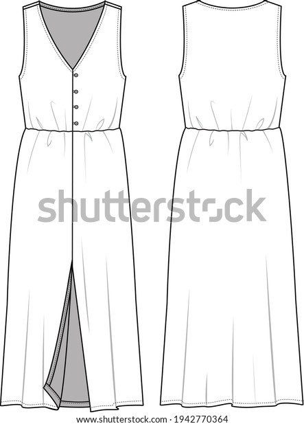 Women\'s\
V-Neck, Button Front, Elastic Waist, Split Front Maxi Dress. Dress\
technical fashion illustration. Flat apparel dress template front\
and back, white colour. Women\'s CAD\
mock-up.
