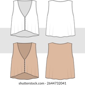 Women's V-Neck buttoned blouse, vest top technical fashion illustration, vector. Front and back view. Women CAD mockup set.