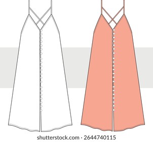 Women's V-Neck buttoned dress technical fashion illustration. Oversize cute summer long dress vector. Front view. Women CAD mockup set.