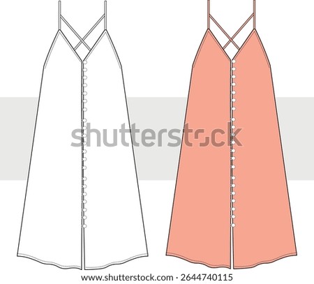Women's V-Neck buttoned dress technical fashion illustration. Oversize cute summer long dress vector. Front view. Women CAD mockup set.