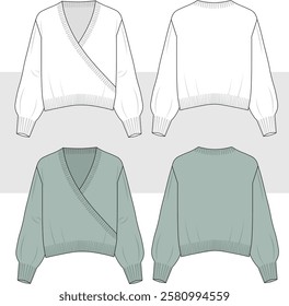 Women's v-neck cardigan  fashion drawing. front back view, flat sketch in editable vector illustration, cad, mockup.