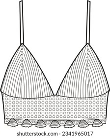 Women's V-Neck Crochet Bralette. Technical fashion top illustration. Flat apparel top template front, white colour. Women's CAD mock-up.