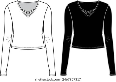 Women's V-Neck, Cross Detail Top- Technical fashion illustration. Front, white and black color. Women's CAD mock-up.