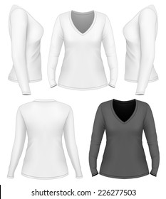 Women's v-neck long sleeve t-shirt design template (front, back, side views). Vector illustration.