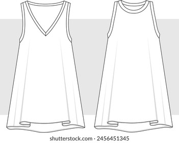 Women's V-Neck - Sleeveless two pieces summer relax dress drawing. Fashion Flat Technical Drawing, design flat sketch fashion Illustration. Two pieces dress sets drawing.