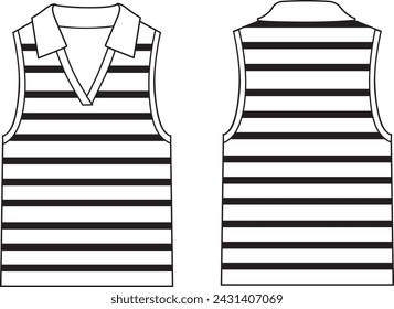 Women's V-Neck, Striped Knit Top. Technical fashion illustration. Front and back, white color. Women's CAD mock-up.