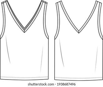 Women's V-Neck Top. Jersey top technical fashion illustration. Flat apparel top template front and back, white colour. Women's CAD mock up.