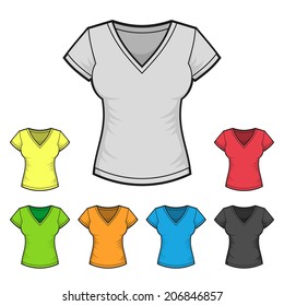 Women's V-neck T-shirt Design Template Color Set. Vector illustration