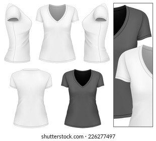 Women's v-neck t-shirt design template (front, back, side views). Vector illustration.