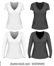 Women's v-neck t-shirt design template short and long sleeve. Vector illustration.