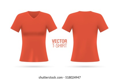 Women's V-neck T-shirt vector template. Short sleeve red T-shirt realistic mockup, isolated on a white background. Front & rear sides.