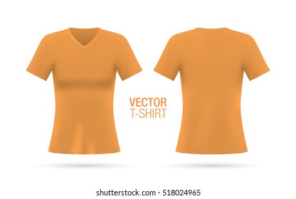 Women's V-neck T-shirt vector template. Short sleeve orange T-shirt realistic mockup, isolated on a white background. Front & rear sides.