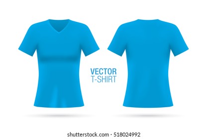 Women's V-neck T-shirt vector template. Short sleeve blue T-shirt realistic mockup, isolated on a white background. Front & rear sides.