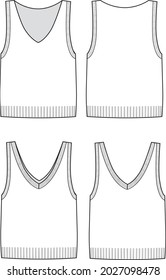Women's V-Neck Vest Knit Tops. Technical fashion top illustration. Flat apparel top template front and back, white color. Women's CAD mock-up.