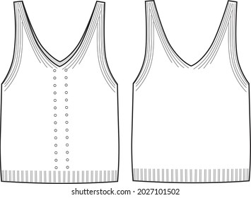 Women's V-Neck Vest Knit Tops. Technical fashion top illustration. Flat apparel top template front and back, white color. Women's CAD mock-up.