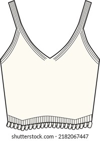 Women's V-Neck Vest Knit Tops. Technical fashion top illustration. Flat apparel top template front, off-white color. Women's CAD mock-up.