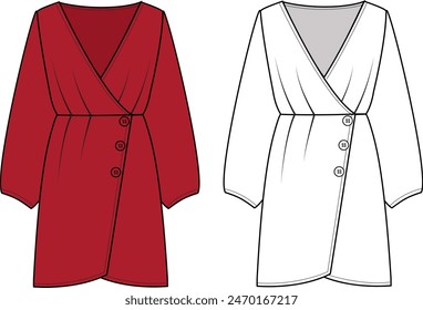 Women's V-Neck Wrap Dress. Technical fashion illustration. Front, white and red color. Women's CAD mock-up.