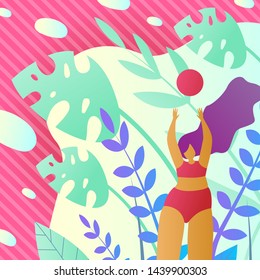 Womens Volleyball in Summer on Vacation Cartoon. Flyer Resort Complex with Support Active Sports. Poster Girl Playing Ball. Flat Summer Games for Young People. Vector Illustration.