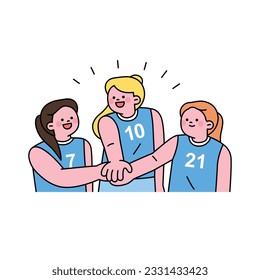 The women's volleyball team is putting their hands together and cheering "Go team!". outline simple vector illustration.