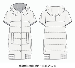 Women's Waistcoat fashion flat template. Puffer winter down coat. Down jacket fashion technical drawing template. Outerwear fashion design.