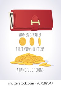 Women's Wallet with banknote and coins. Vector clip art