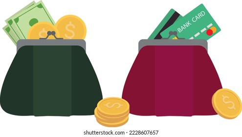 Carteras de mujeres con dinero. Juego de carteras vectoriales de compras y cambio de dinero. Notas de efectivo y tarjetas