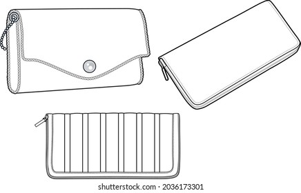 Women's Wallets Set. Technical fashion wallet illustration. Flat apparel wallet templates are white color. Women's CAD mock-up.