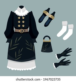 Women's wardrobe. Dress of a noble lady. Shoes, bag, black gloves, white socks. Victorian style of dress. Dress with lace and brown belt at the waist.