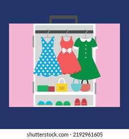 women's wardrobe with dresses and accessories