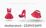 Womens wardrobe items. Realistic dress, skirt, high heel shoe. Colored icons to indicate product categories, sections in store. Cute illustration for modern design