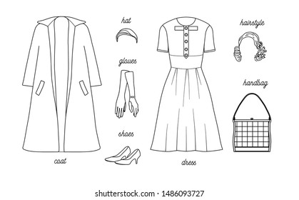 women's wardrobe retro coloring outline vector illustration isolated on white background 