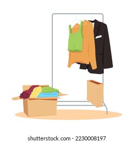 Women's wardrobe with summer casual clothes on hangers and in a box. Women's fashion clothes on the railway. Modern trendy clothing display. Charity concept. Color flat vector illustration