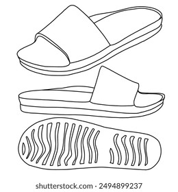 Women's Water Scout Slide Sandal  Line art, Technical sketch hand drawing outline vector doodle illustration, various view isolated on white background