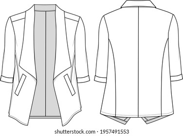 Women's Waterfall Jacket- Jacket technical fashion illustration. Flat apparel jacket template front and back, white colour. Women's CAD mock-up.