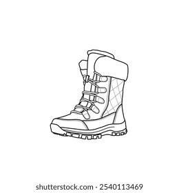 Damen wasserdichte Winterschuhe Anti-Rutsch warme Stiefel Schneestiefel Wandern Outdoor-Vektorsymbol Linie Kunst. Umriss Vektor Doodle Illustration Seitenansicht. Schuhe einzeln auf weißem Hintergrund.