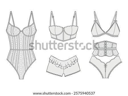Womens' wear. 2 piece intimate set, lingerie design. Sheer mesh lace bra technical sketch. Editable Fashion technical lingerie flat illustration. Ladies night wear clothing. Bra panty corset bodysuit