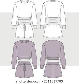 Damenbekleidung Trainingsanzug, kurze Mode flache Design-Vektor. lang Ärmel Sweatshirt Top und elastische Taille Shorts Hose mit Zugband Set technische Zeichnung, Illustration, Heimbekleidung, Schlafbekleidung.